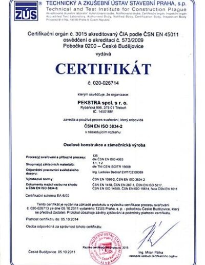 Certifikát procesu svařování